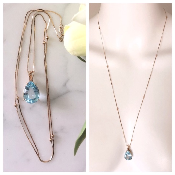 Vintage Pear Blue Topaz 14KGold Basket& 24”Chain - Picture 1 of 8